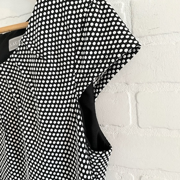 Vintage Laura Peplum dress Polka dot Belted Round neck Black White Pleated Sz 14 - Picture 6 of 11